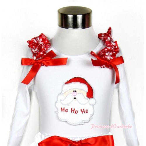 Xmas White Long Sleeves Top with Santa Claus Print With Red Snowflakes Ruffles & Red Bow TW373 