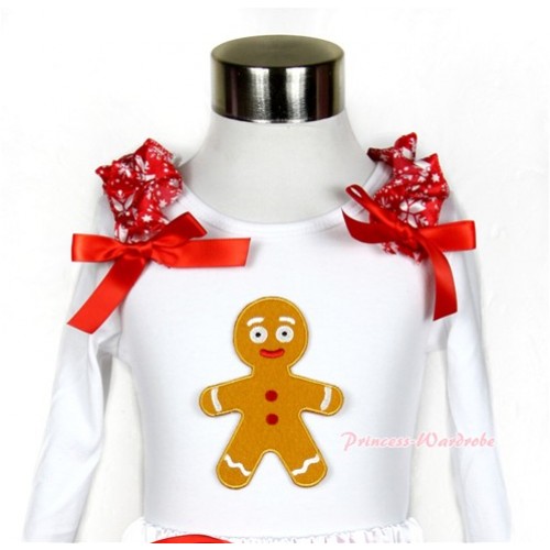 Xmas White Long Sleeves Top with Brown Gingerbread Man Print With Red Snowflakes Ruffles & Red Bow TW374 