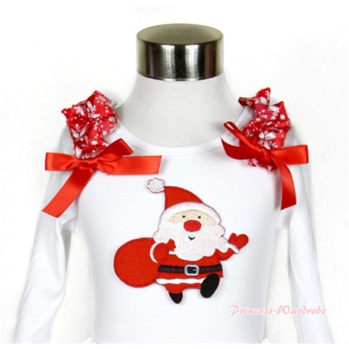 Xmas White Long Sleeves Top with Gift Bag Santa Claus Print With Red Snowflakes Ruffles & Red Bow TW349 