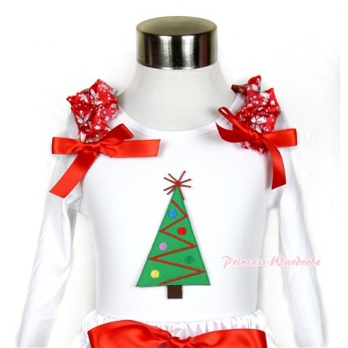 Xmas White Long Sleeves Top with Christmas Tree Print With Red Snowflakes Ruffles & Red Bow TW351 