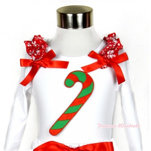 Xmas White Long Sleeves Top with Christmas Stick Print With Red Snowflakes Ruffles & Red Bow TW354 