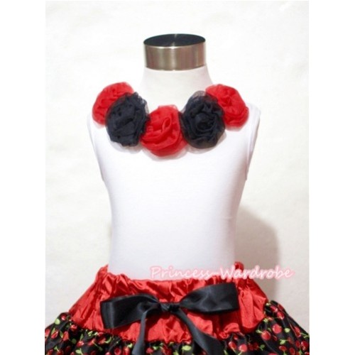 White Tank Tops with Red Black Rosettes T402 