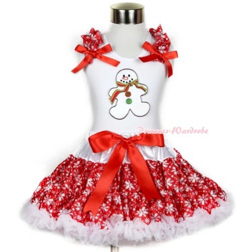 Xmas White Tank Top with Christmas Gingerbread Snowman Print with Red Snowflakes Ruffles & Red Bow & Red Snowflakes Pettiskirt MG714 