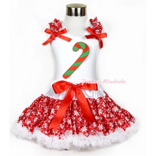 Xmas White Tank Top with Christmas Stick Print with Red Snowflakes Ruffles & Red Bow & Red Snowflakes Pettiskirt MG716 