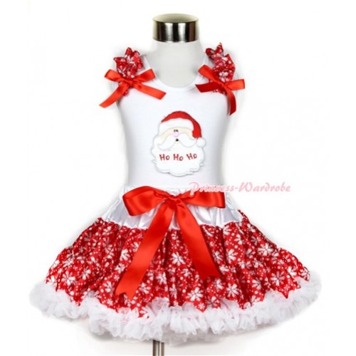 Xmas White Tank Top with Santa Claus Print with Red Snowflakes Ruffles & Red Bow & Red Snowflakes Pettiskirt MG717 