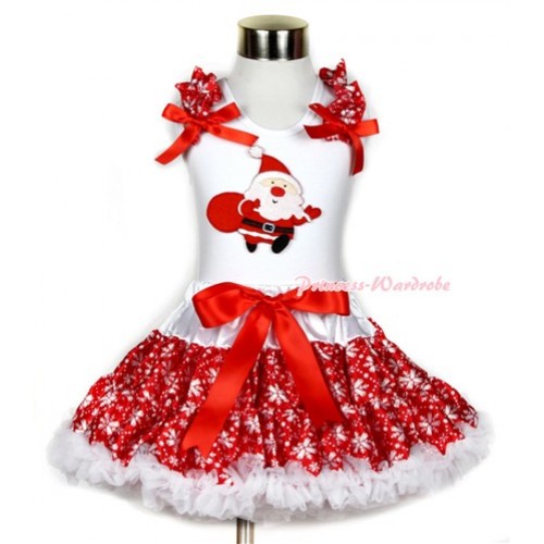 Xmas White Tank Top with Gift Bag Santa Claus Print with Red Snowflakes Ruffles & Red Bow & Red Snowflakes Pettiskirt MG721 