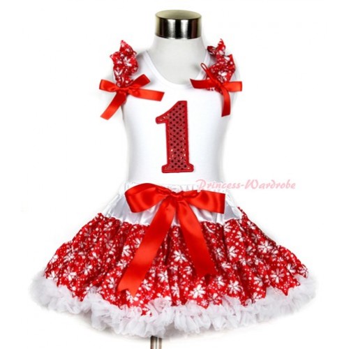 Xmas White Tank Top with 1st Sparkle Red Birthday Number Print with Red Snowflakes Ruffles & Red Bow & Red Snowflakes Pettiskirt MG725 