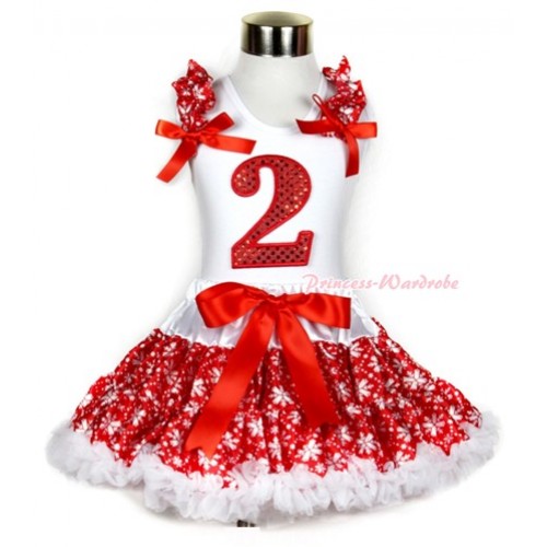 Xmas White Tank Top with 2nd Sparkle Red Birthday Number Print with Red Snowflakes Ruffles & Red Bow & Red Snowflakes Pettiskirt MG726 