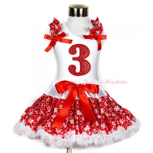 Xmas White Tank Top with 3rd Sparkle Red Birthday Number Print with Red Snowflakes Ruffles & Red Bow & Red Snowflakes Pettiskirt MG727 