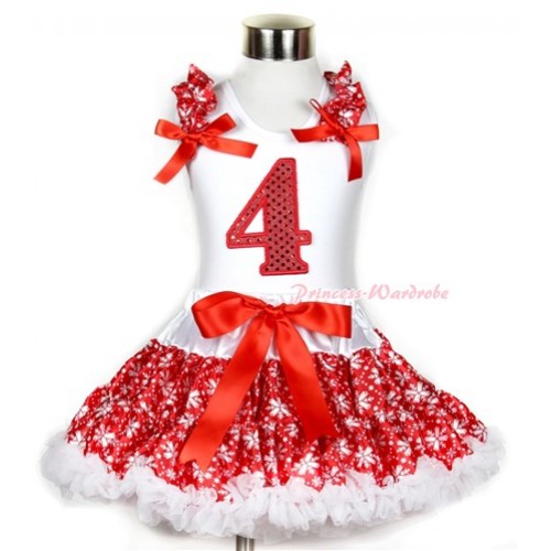 Xmas White Tank Top with 4th Sparkle Red Birthday Number Print with Red Snowflakes Ruffles & Red Bow & Red Snowflakes Pettiskirt MG728 