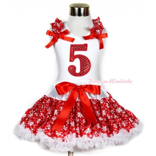 Xmas White Tank Top with 5th Sparkle Red Birthday Number Print with Red Snowflakes Ruffles & Red Bow & Red Snowflakes Pettiskirt MG729 