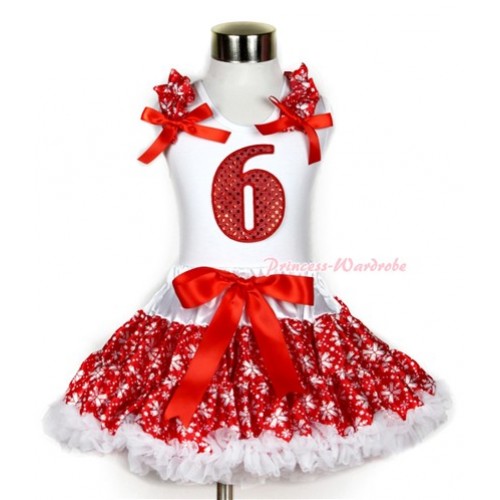 Xmas White Tank Top with 6th Sparkle Red Birthday Number Print with Red Snowflakes Ruffles & Red Bow & Red Snowflakes Pettiskirt MG730 