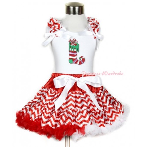 Xmas White Tank Top with Christmas Stocking Print with Red White Wave Ruffles & White Bow & Red White Wave Pettiskirt MG745 
