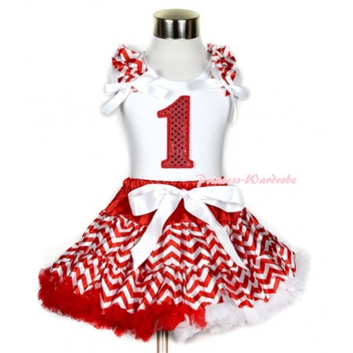 Xmas White Tank Top with 1st Sparkle Red Birthday Number Print with Red White Wave Ruffles & White Bow & Red White Wave Pettiskirt MG746 
