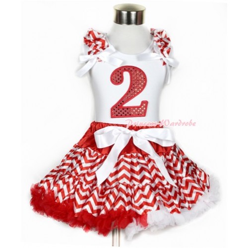 Xmas White Tank Top with 2nd Sparkle Red Birthday Number Print with Red White Wave Ruffles & White Bow & Red White Wave Pettiskirt MG747 
