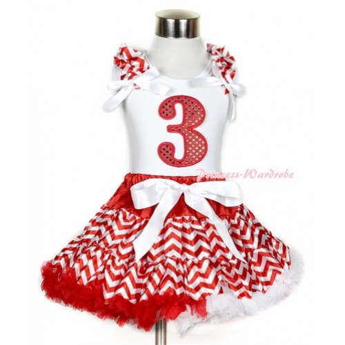 Xmas White Tank Top with 3rd Sparkle Red Birthday Number Print with Red White Wave Ruffles & White Bow & Red White Wave Pettiskirt MG748 