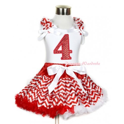 Xmas White Tank Top with 4th Sparkle Red Birthday Number Print with Red White Wave Ruffles & White Bow & Red White Wave Pettiskirt MG749 