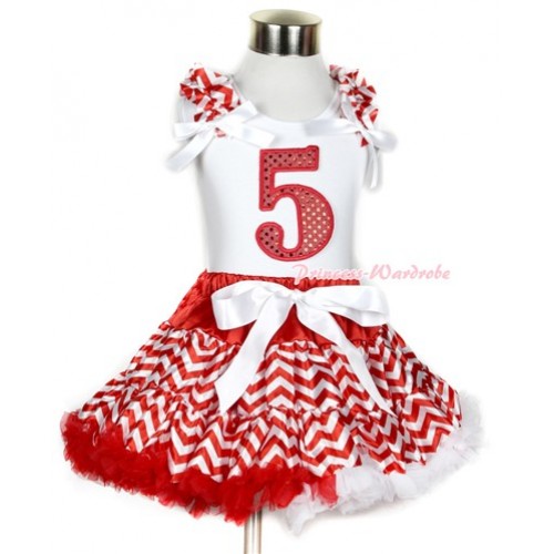 Xmas White Tank Top with 5th Sparkle Red Birthday Number Print with Red White Wave Ruffles & White Bow & Red White Wave Pettiskirt MG750 