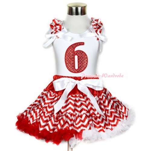 Xmas White Tank Top with 6th Sparkle Red Birthday Number Print with Red White Wave Ruffles & White Bow & Red White Wave Pettiskirt MG751 