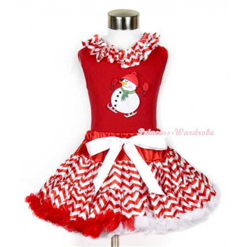 Xmas Red Tank Top with Ice Skating Snowman Print & Red White Wave Satin Lacing With Red White Wave Pettiskirt CM126 