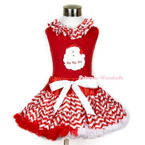 Xmas Red Tank Top with Santa Claus Print & Red White Wave Satin Lacing With Red White Wave Pettiskirt CM129 