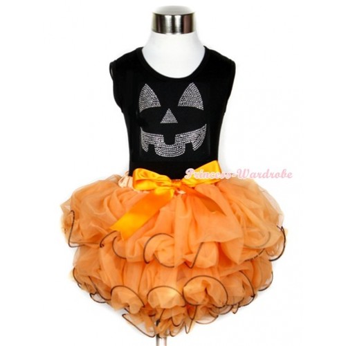 Halloween Black Tank Top With Sparkle Crystal Glitter Pumpkin Print With Orange Bow Orange Petal Pettiskirt MW245 
