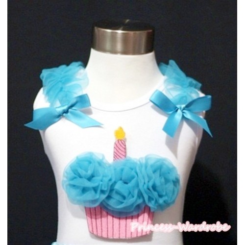 Peacock Blue Birthday Cake White Tank Top with Peacock Blue Ruffles and Bow TC13 