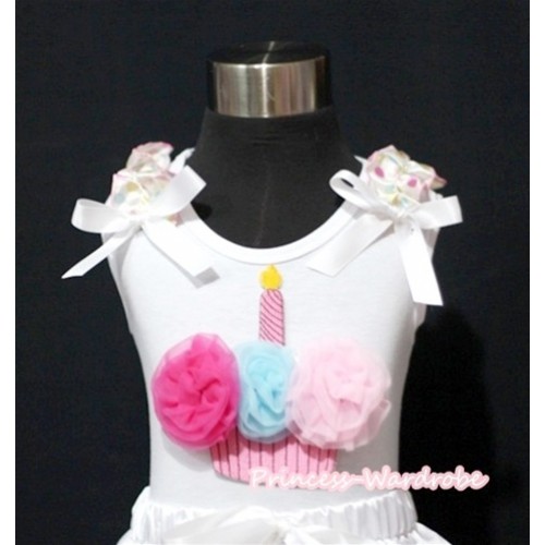 Light Blue Hot Pink Light Pink Birthday Cake White Tank Top with White Rainbow Polka Dots Ruffles and White Bow TC15 