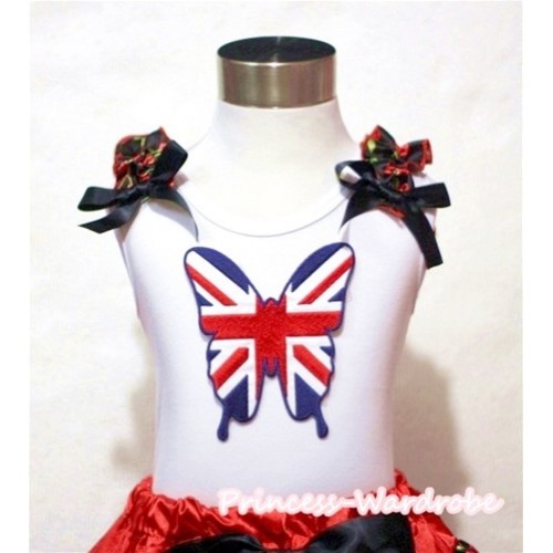 Patriotic British Flag Butterfly White Tank Top with Black Cherry Ruffles Black Bows TB481 