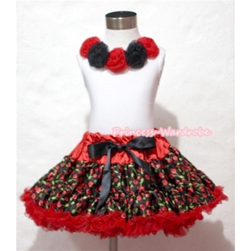 White Tank Tops with Hot Red Black Rosettes & Hot Red Black Cherry Pettiskirt MG087  