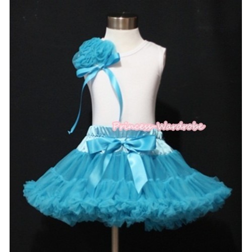Peacock Blue Pettiskirt with a Bunch of Peacock Blue Rosettes and Bow White Tank Top MG405 