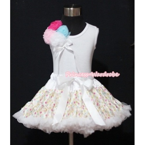 White Rainbow Polka Dots Pettiskirt with a Bunch of Hot Pink Light Pink White Light Blue Rosettes and White Bow White Tank Top MG407 