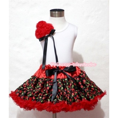 Hot Red Black Cherry Pettiskirt with a Bunch of Hot Red Rosettes and Black Bow White Tank Top MG408 