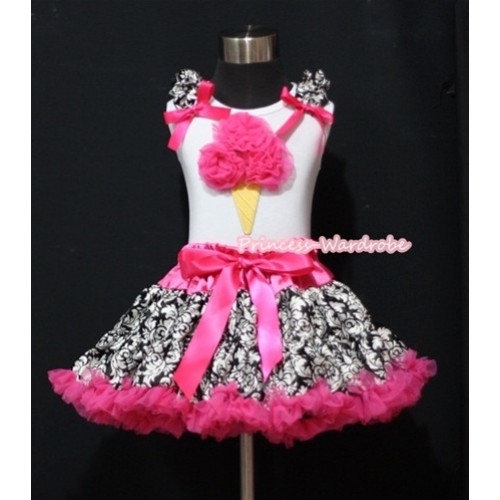 Hot Pink Damask Pettiskirt & Hot Pink Ice Cream White Tank Top with Damask Ruffles and Hot Pink Bows ML046 