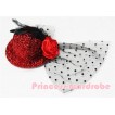 Black Feather and Polka Dots net Sparkle Red Hat Clip with Red Rose  H122 