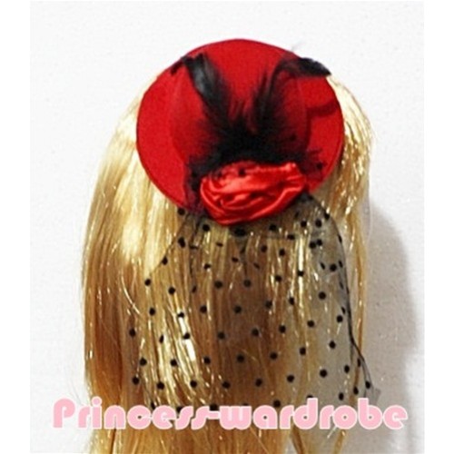 Black Feather and Polka Dots net Red Hat Clip with Red Rose H121 