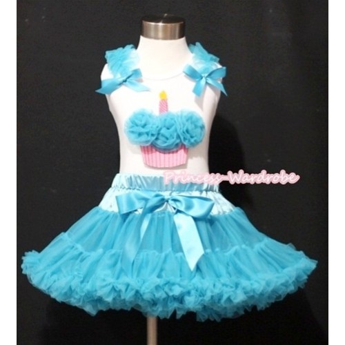 Peacock Blue Pettiskirt & Peacock Blue Birthday Cake White Tank Top with Peacock Blue Ruffles and Bows ML038 