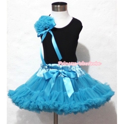 Peacock Blue Pettiskirt with a Bunch of Peacock Blue and Bows Black Tank Top MW081 