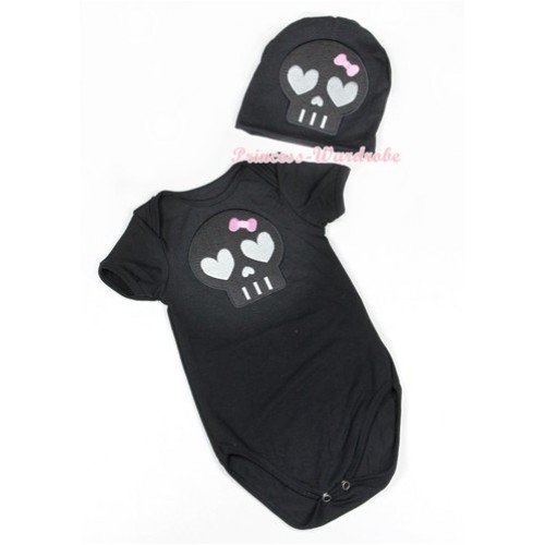 Halloween Black Baby Jumpsuit with Black Skeleton Print with Cap Set JP52 