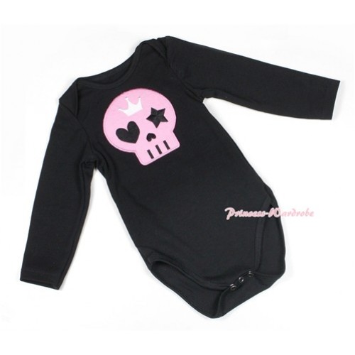 Halloween Black Long Sleeve Baby Jumpsuit with Light Pink Skeleton Print LS217 