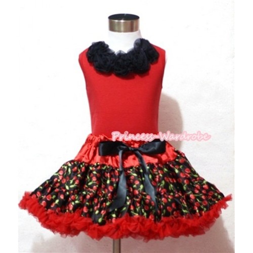 Hot Red Black Cherry Pettiskirt with Matching Black Rosettes Red Tank Top M341 
