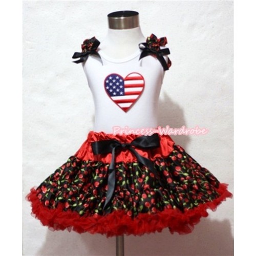 Hot Red Black Cherry Pettiskirt with Patriotic America Heart Print White Tank Top With Black Cherry Ruffles& Black Bow MM251 