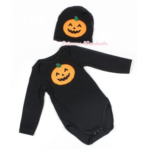 Halloween Black Long Sleeve Baby Jumpsuit with Pumpkin Print with Cap Set LS111 