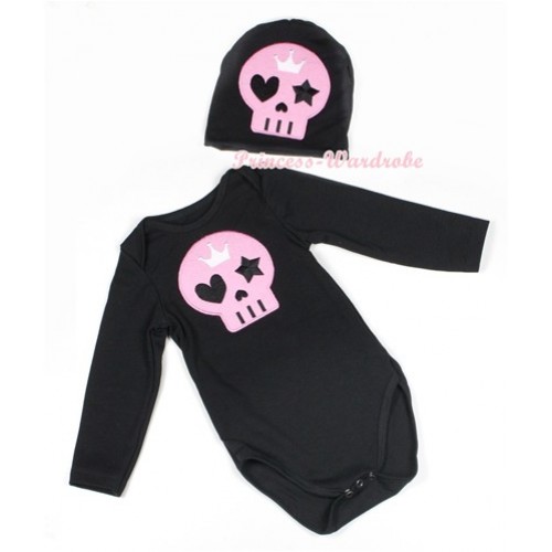 Halloween Black Long Sleeve Baby Jumpsuit with Light Pink Skeleton Print with Cap Set LS112 