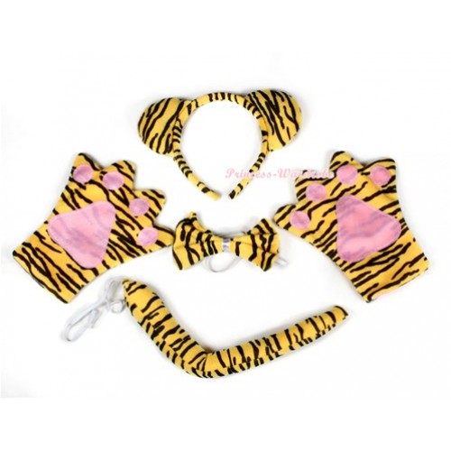 Tiger 4 Piece Set in Ear Headband, Tie, Tail , Paw PC032 