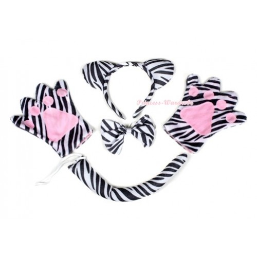 Zebra 4 Piece Set in Ear Headband, Tie, Tail , Paw PC033 