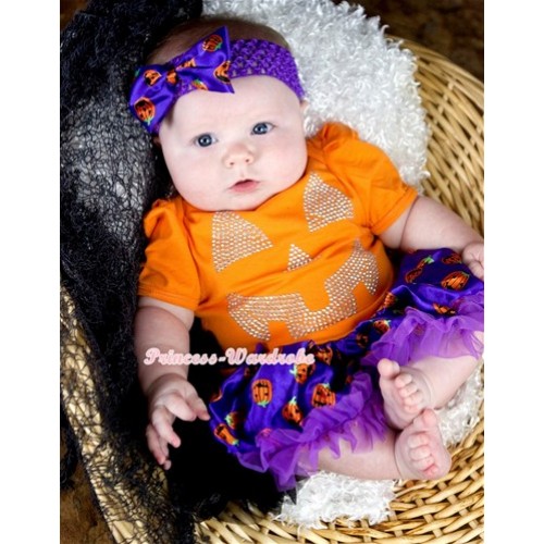 Halloween Orange Baby Jumpsuit Dark Purple Orange Black Pumpkin Pettiskirt With Sparkle Crystal Glitter Pumpkin Print With Orange Headband Dark Purple Pumpkin Satin Bow JS1247 