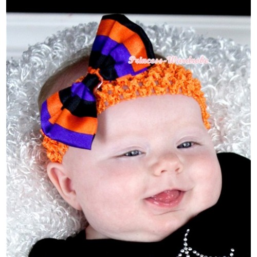Halloween Orange Headband With Orange Dark Purple Black Striped Satin Bow Hair Clip H739 