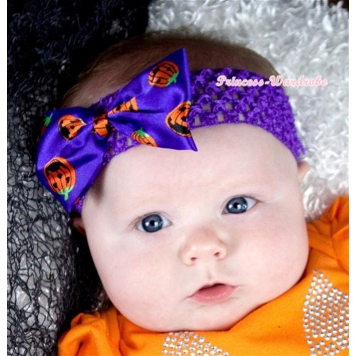 Halloween Dark Purple Headband With Dark Purple Pumpkin Satin Bow Hair Clip H740 