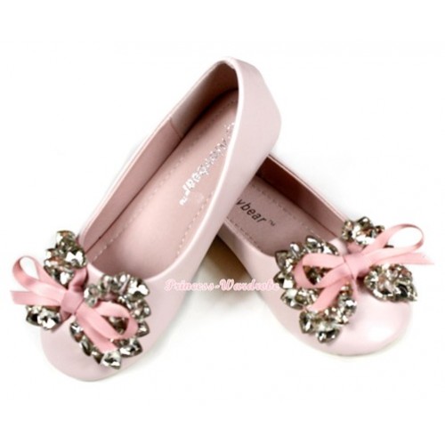 Light Pink Rhinestone Ribbon Bow Slip On Round Toe Flat Girl Shoes 001Pink 